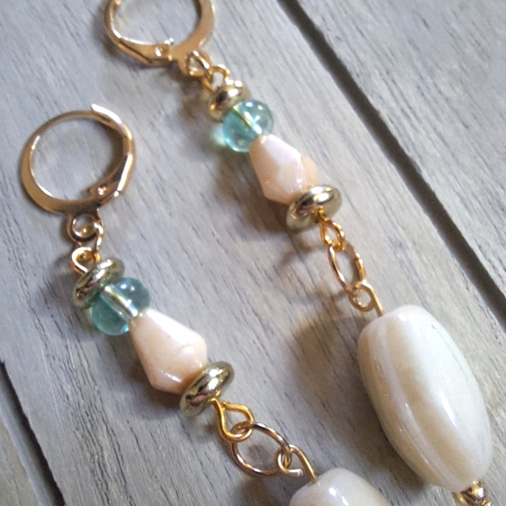 Gold Plated Dangle Earrings Coastal Beachy Soft Jewelry Gifts Boho Blue Artsy - Picture 5 of 6